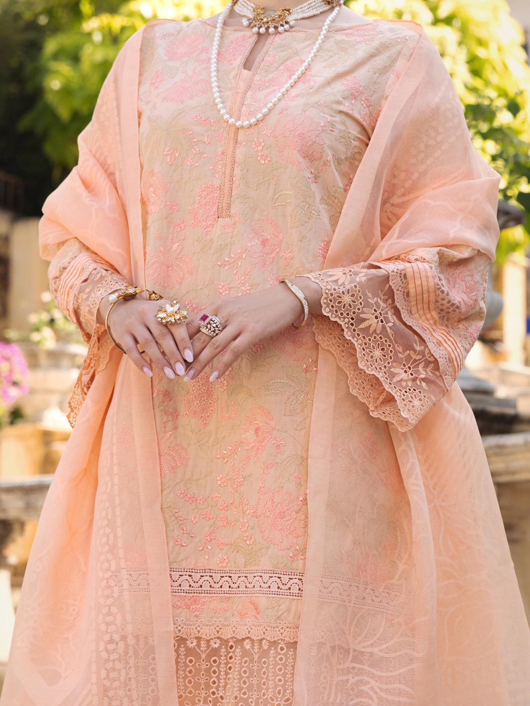 Peach Schiffli Lawn 3 Piece Unstitched - ALP-3PS-1589