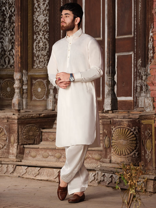White Blended Kameez Shalwar - ALWA-KS-191