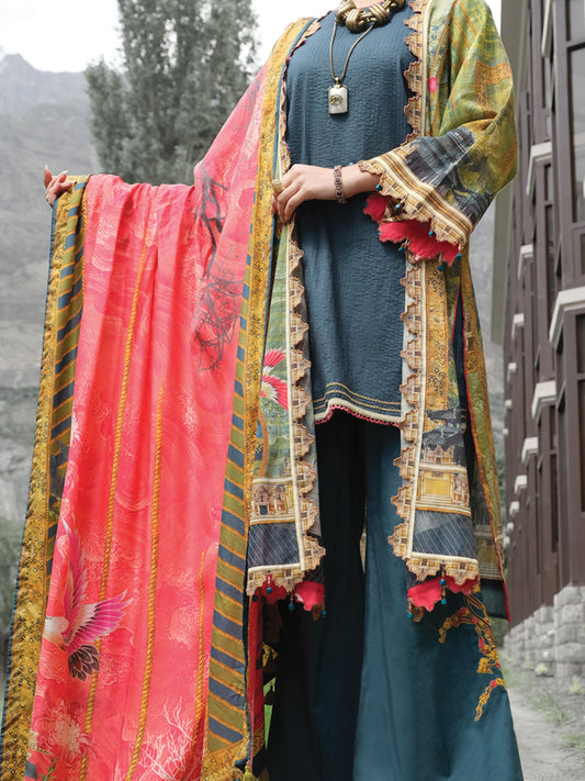 Green Khaddar + Linen 3Pc Unstitched - AWP-208
