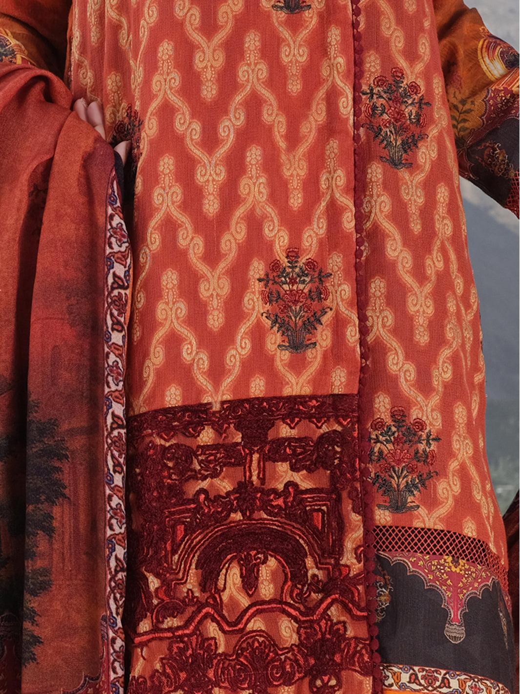Orange Jacquard 3Pc Stitched - AWP-222