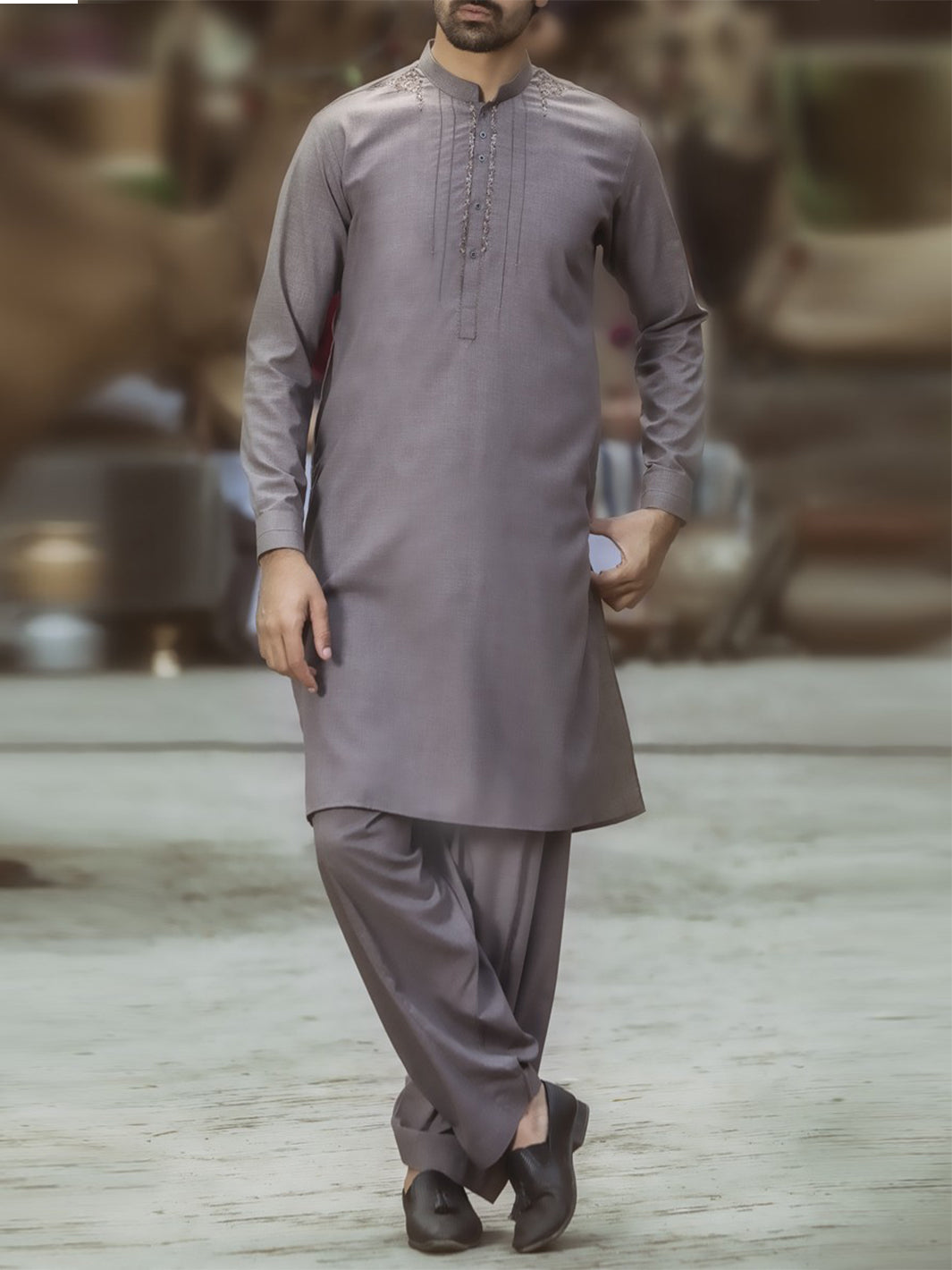 Sand Colored Blended Kameez Shalwar - AL-KS-2389