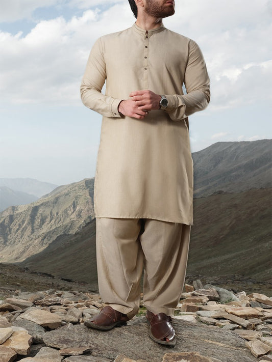 Sand Colored Blended Kameez Shalwar - AL-KS-2408