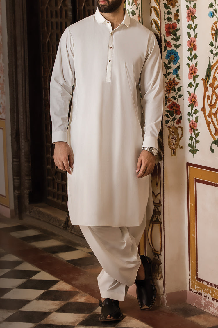 Off White Blended Kameez Shalwar - AL-KS-2418