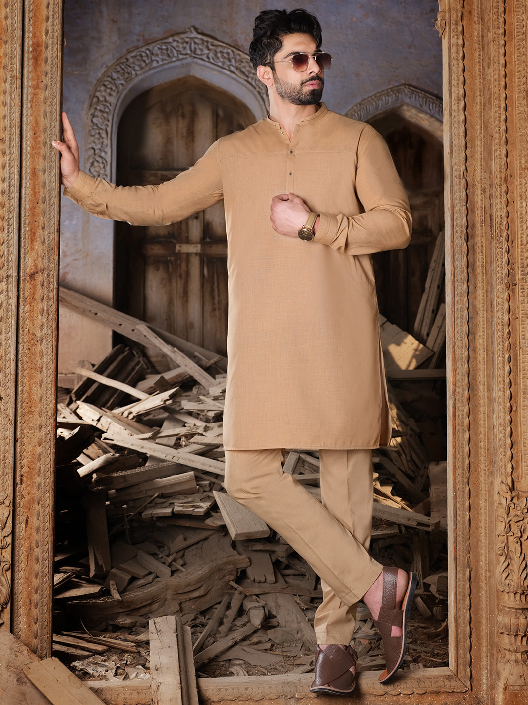 Fawn Blended Kurta Pajama - AL-KS-2492