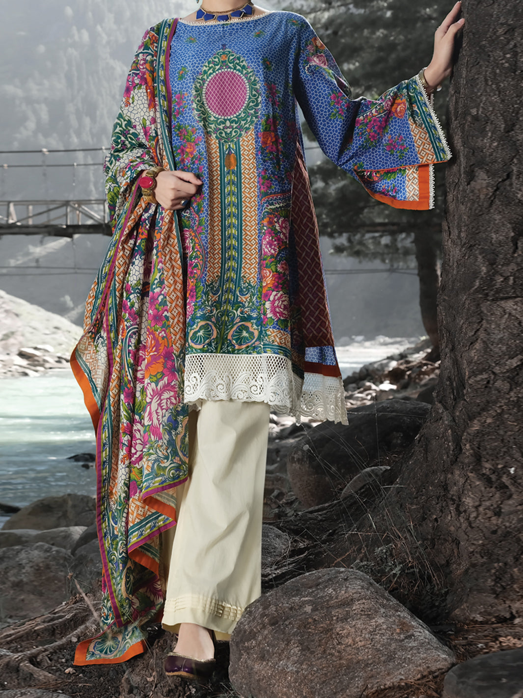 Blue Cambric 3 Piece Stitched - AWP-249