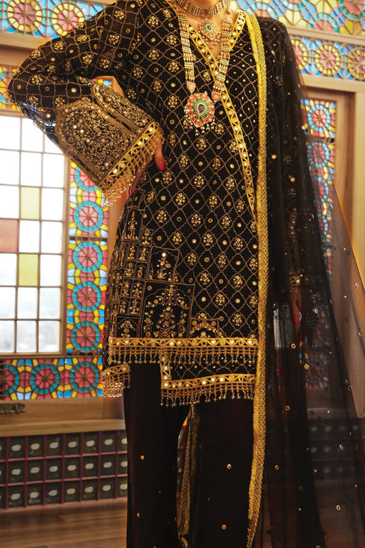 Black Net 3 Piece Unstitched Formal - LS-UN-255