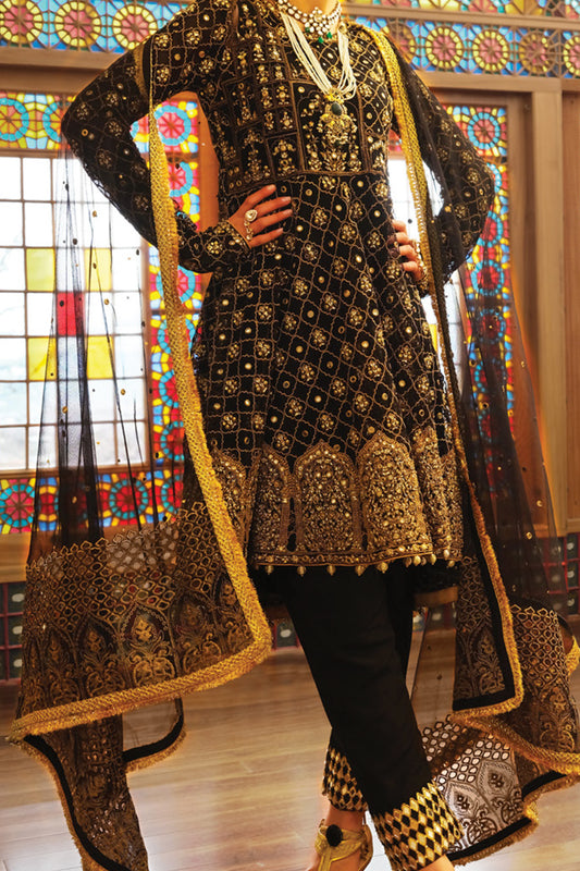Black Net 3 Piece Stitched Fromal - AL-3PS-LS-255