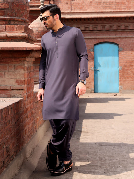 Dark Grey Blended Kameez Shalwar - AL-KS-2581