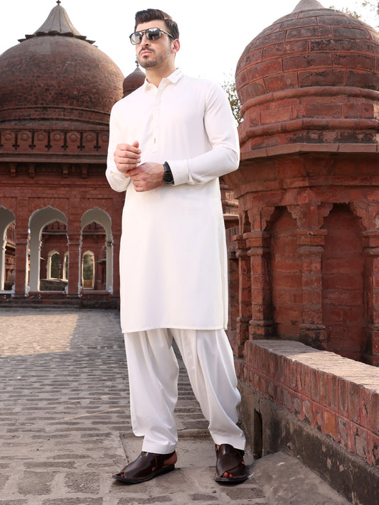 White Blended Kameez Shalwar - AL-KS-2596