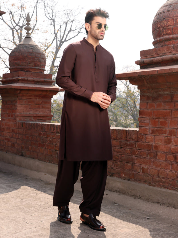 Dark Brown Blended Kameez Shalwar - AL-KS-2607