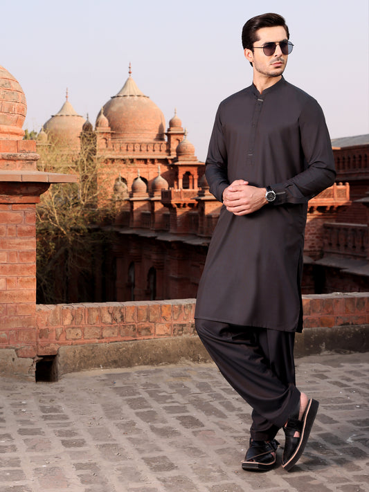 Dark Grey Blended Kameez Shalwar - AL-KS-2612