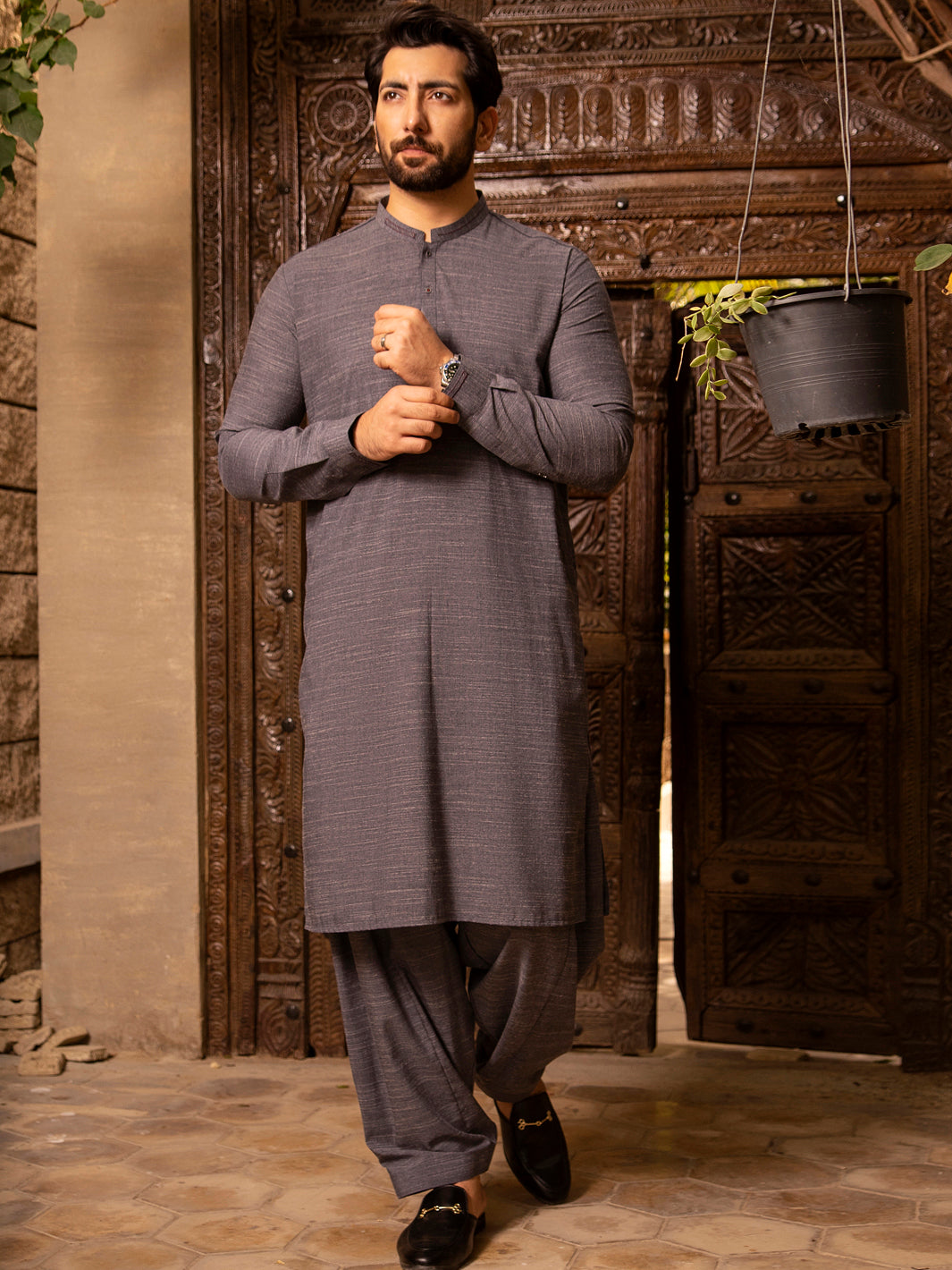 Grey Blended Kurta Shalwar - AL-KS-2661