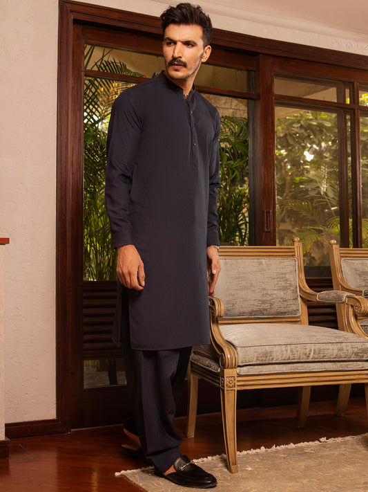 Dark Blue Blended Kurta Shalwar - AL-KS-2680