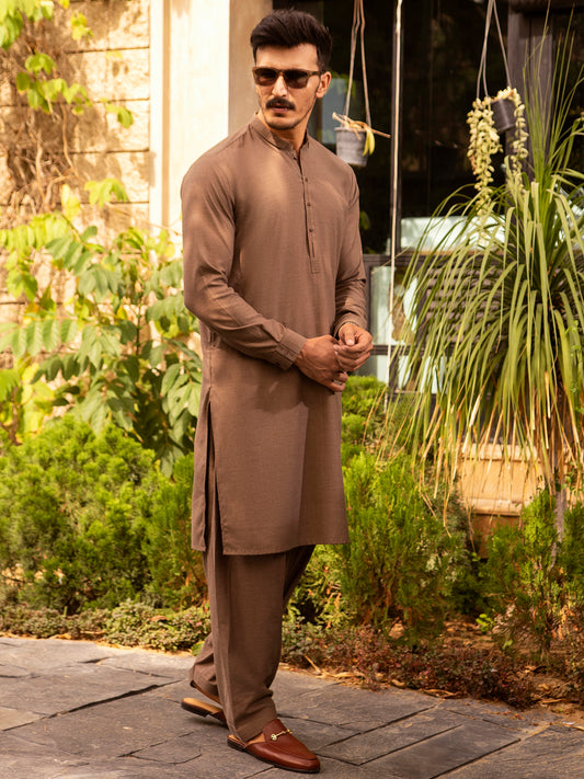 Brown Blended Kurta Shalwar - AL-KS-2690