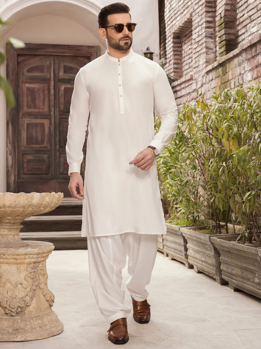 White Blended Kameez Shalwar -AL-KS-2755A