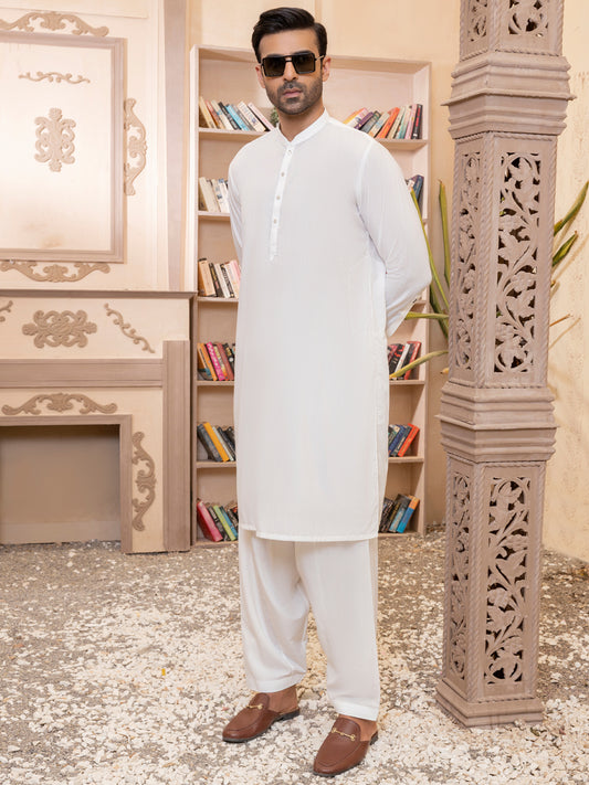 White Blended Kameez Shalwar - AL-KS-2767