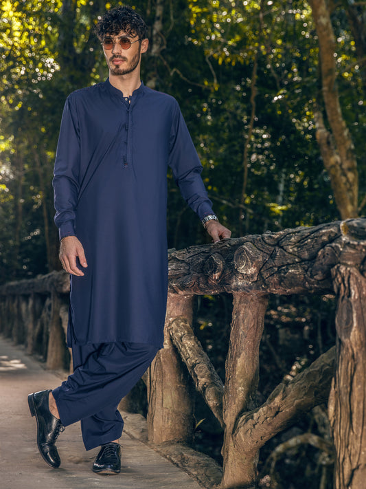Dark Blue Blended Kameez Shalwar - AL-KS-2821