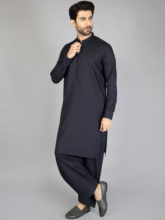 Navy Blue Blended Kameez Shalwar - AL-KS-2869