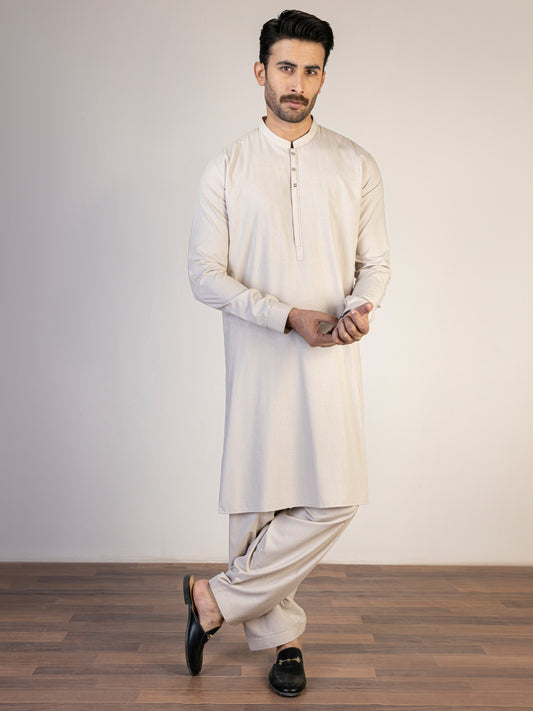 Light Beige Blended Kameez Shalwar - AL-KS-2874