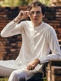 Off White Blended Kurta Trouser - AL-KT-2907