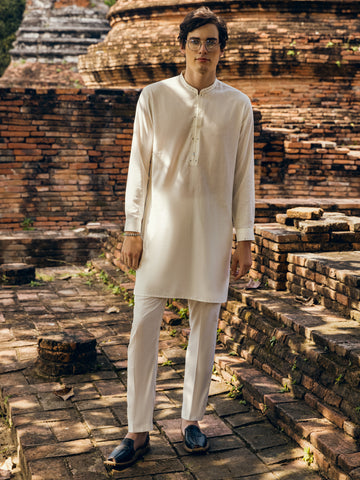 OFF WHITE BLENDED KURTA TROUSER - AL-KT-2907