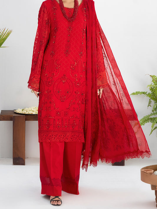 Red Bemberg Chiffon 3 Piece Formal Stitched - AL-3PS-LS-312