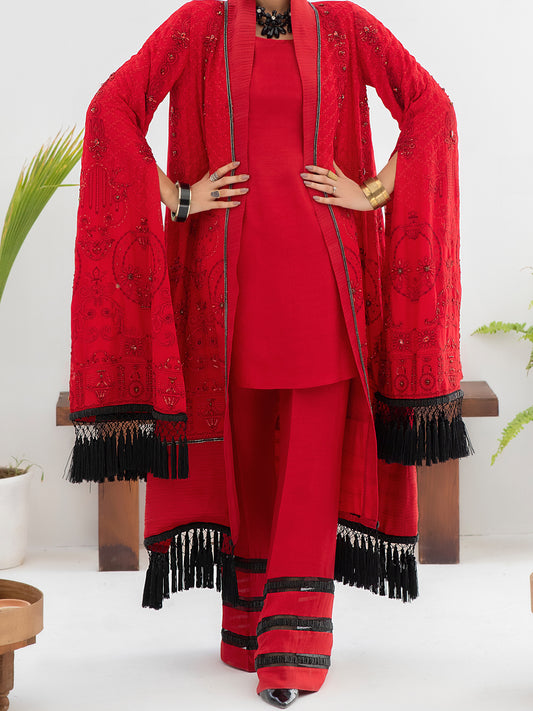Red Bemberg Chiffon 3 Piece Formal Unstitched - AL-3PS-LS-UN-312