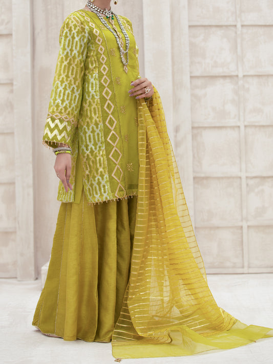 Lime Green Bemberg Organza 3Pc Formal Unstitched - AL-3PS-LS-UN-319