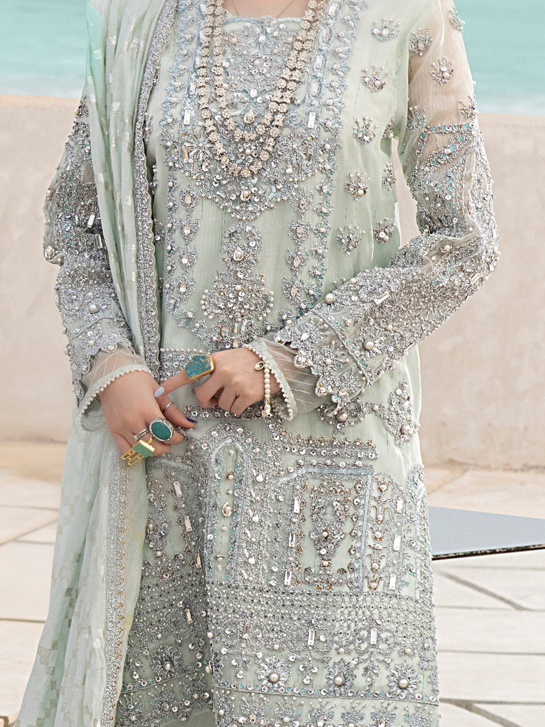 Mint Green Khaddi Net 3 Piece Formal Unstitched - AL-3PS-LS-UN-326