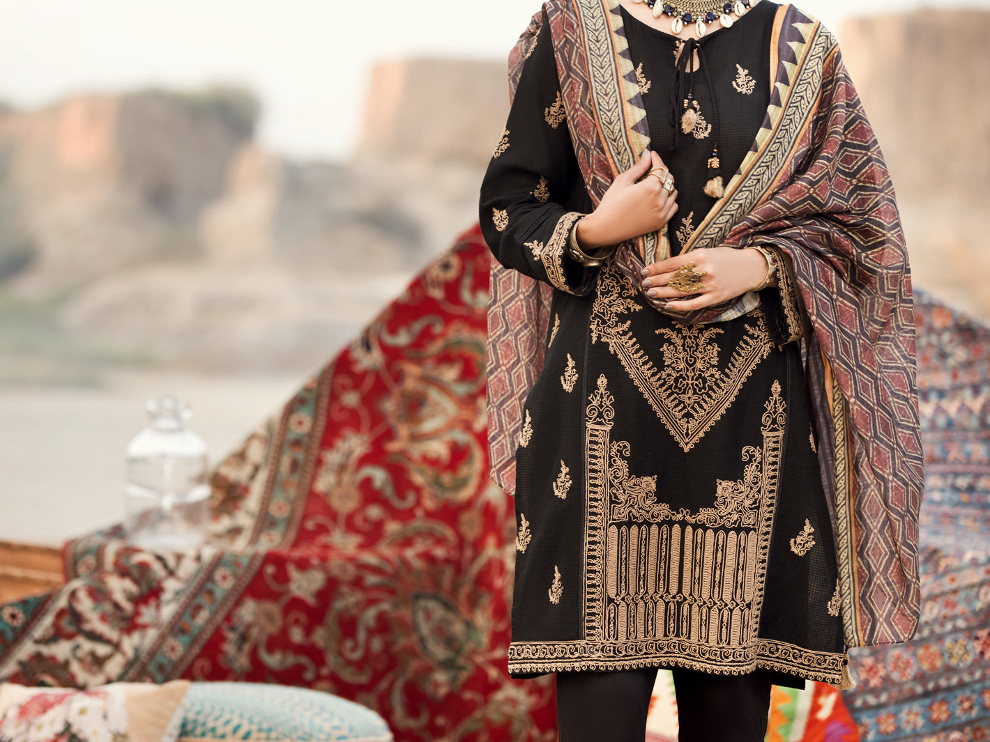 Black Dobby Jacquard 3 Piece Stitched - AWP-3PS-334