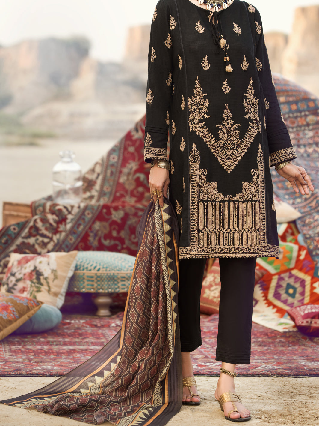 Black Dobby Jacquard 3 Piece Stitched - AWP-3PS-334