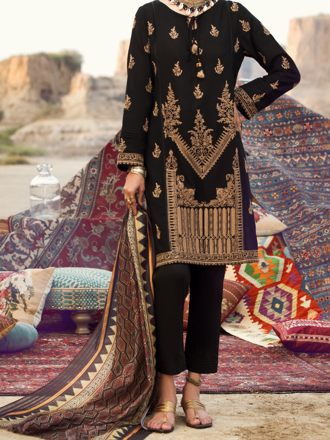 Black Dobby Jacquard 3 Piece Stitched - AWP-3PS-334