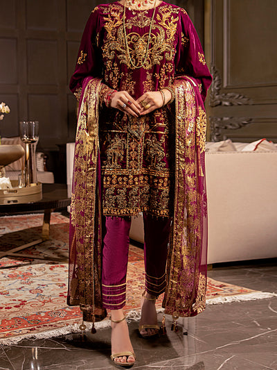 Plum Velvet 3 Piece Formal Stitched - AL-3PS-LS-342