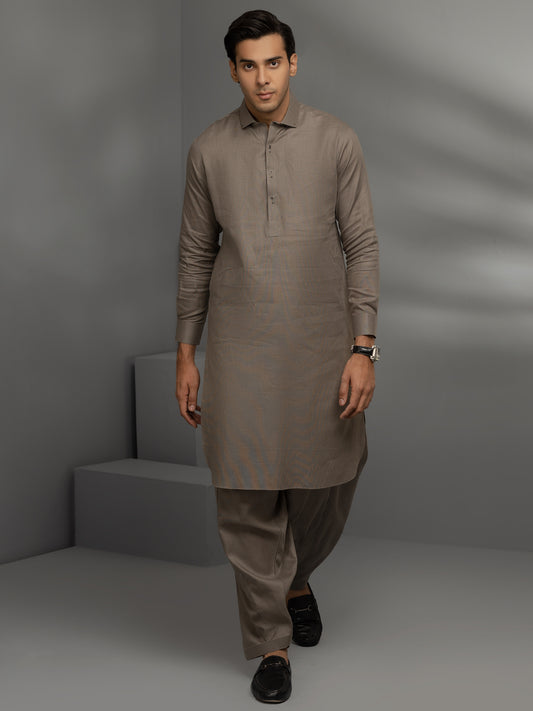 Grey Cotton Kameez Shalwar - ALWA-KS-342