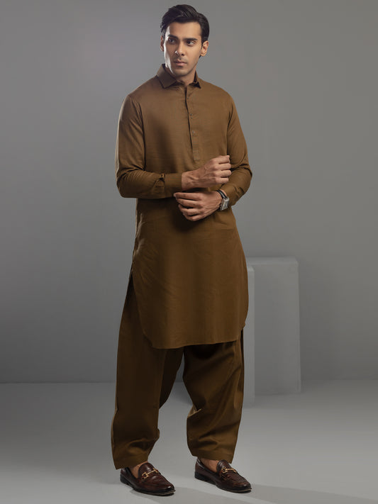 Brown Cotton Kameez Shalwar - ALWA-KS-344