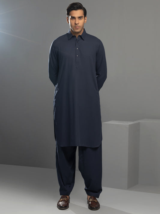 Navy Blue Blended Kameez Shalwar - ALWA-KS-346