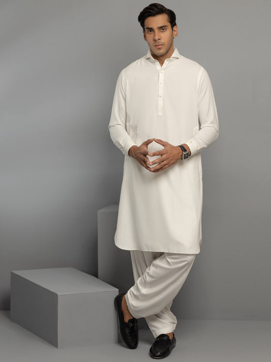 Off White Blended Kameez Shalwar - ALWA-KS-348