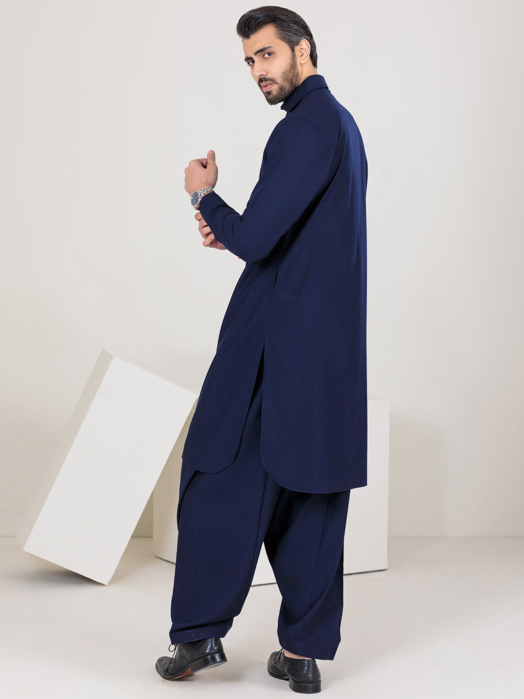 Navy Blue Blended Kameez Shalwar - ALWA-KS-350
