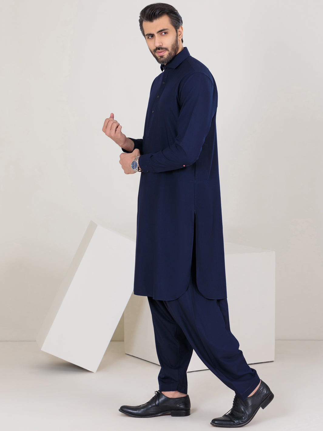 Navy Blue Blended Kameez Shalwar - ALWA-KS-350