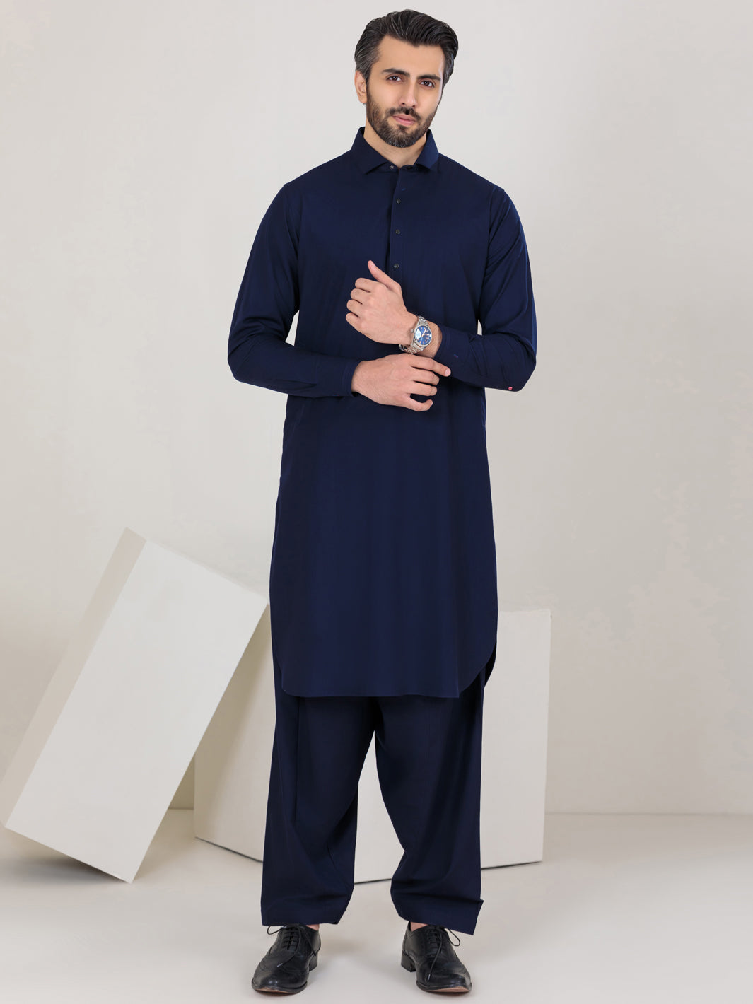 Navy Blue Blended Kameez Shalwar - ALWA-KS-350
