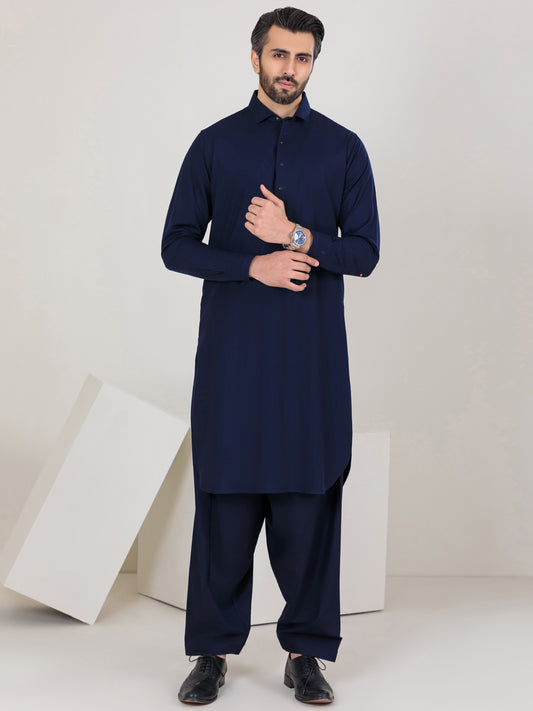 Navy Blue Blended Kameez Shalwar - ALWA-KS-350