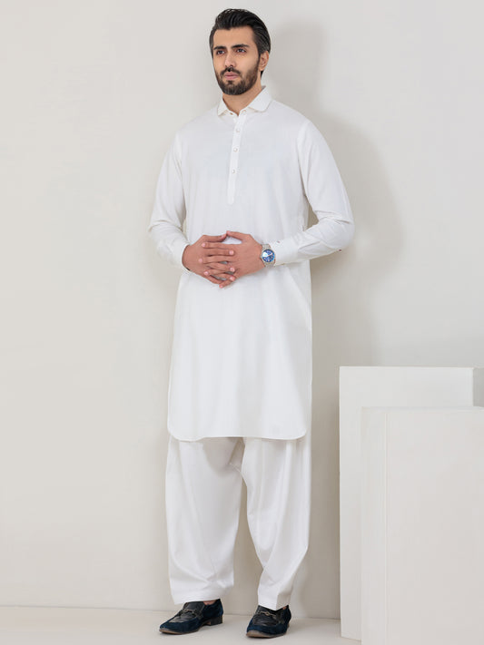 White Blended Kameez Shalwar - ALWA-KS-351