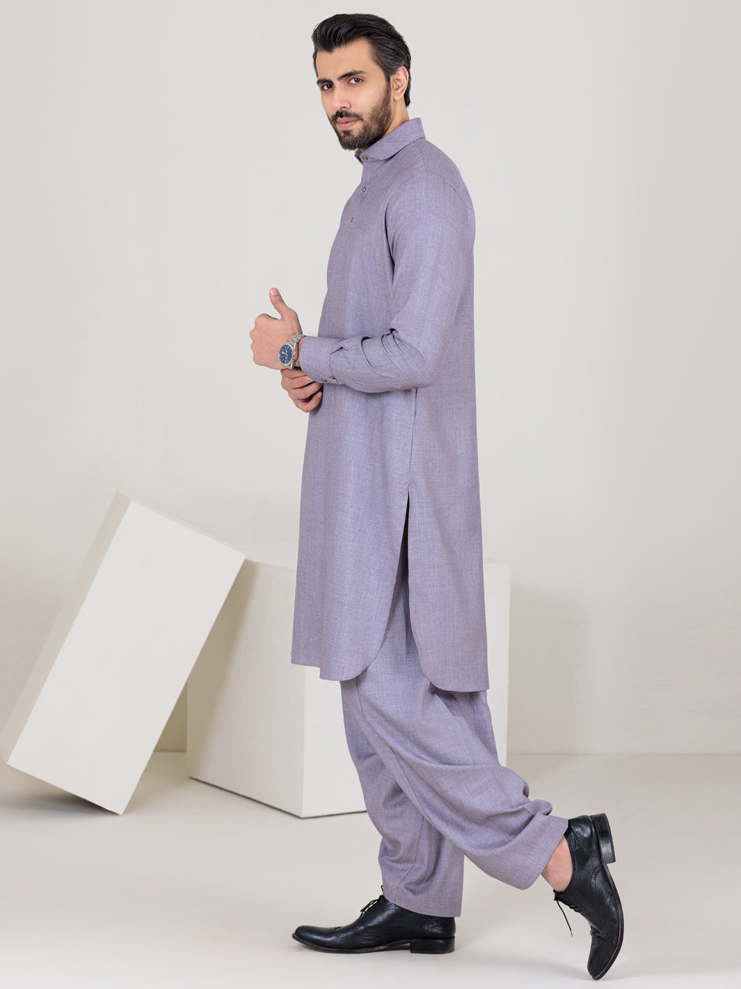 Light Grey Blended Kameez Shalwar - ALWA-KS-353