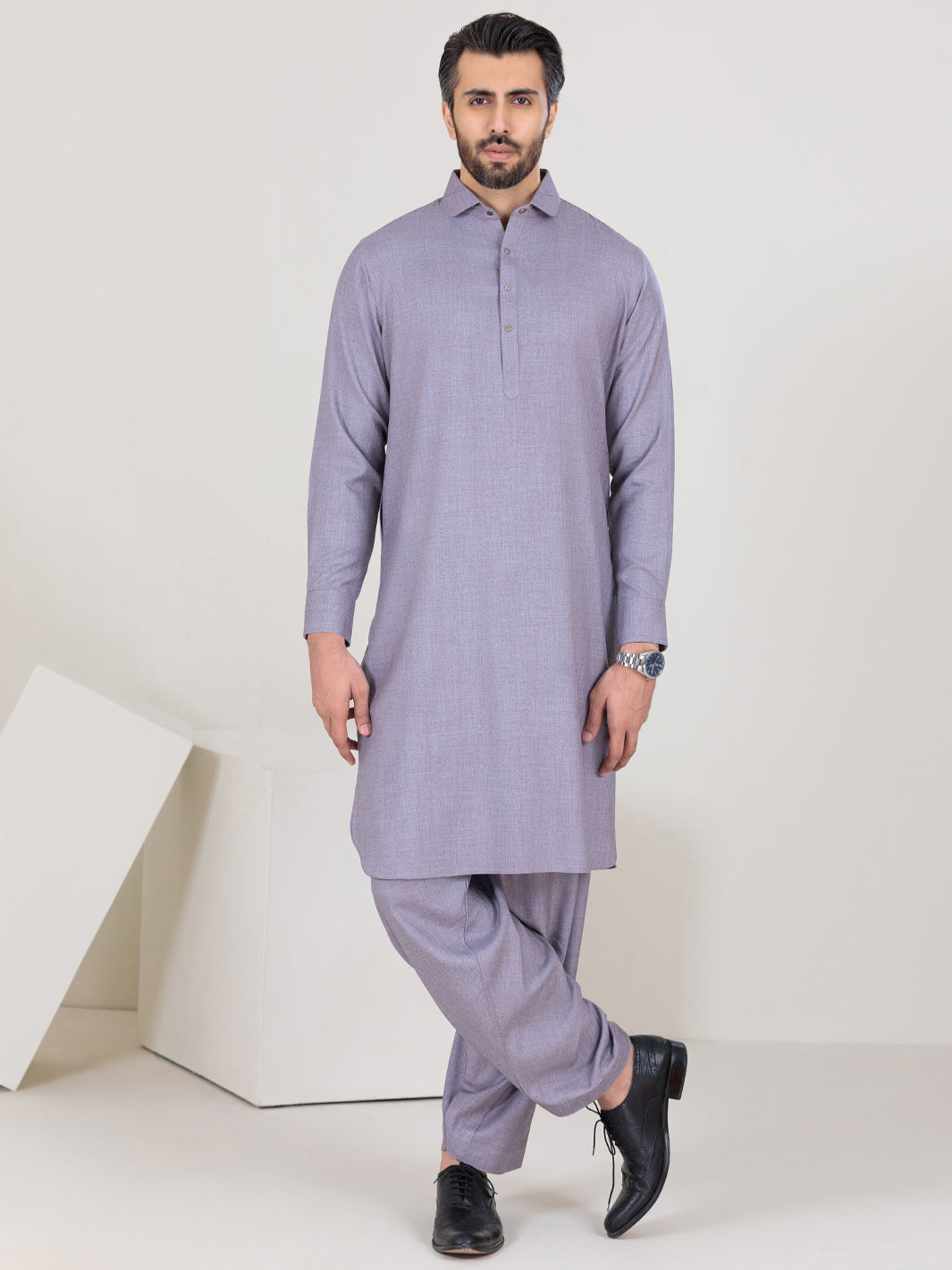 Light Grey Blended Kameez Shalwar - ALWA-KS-353