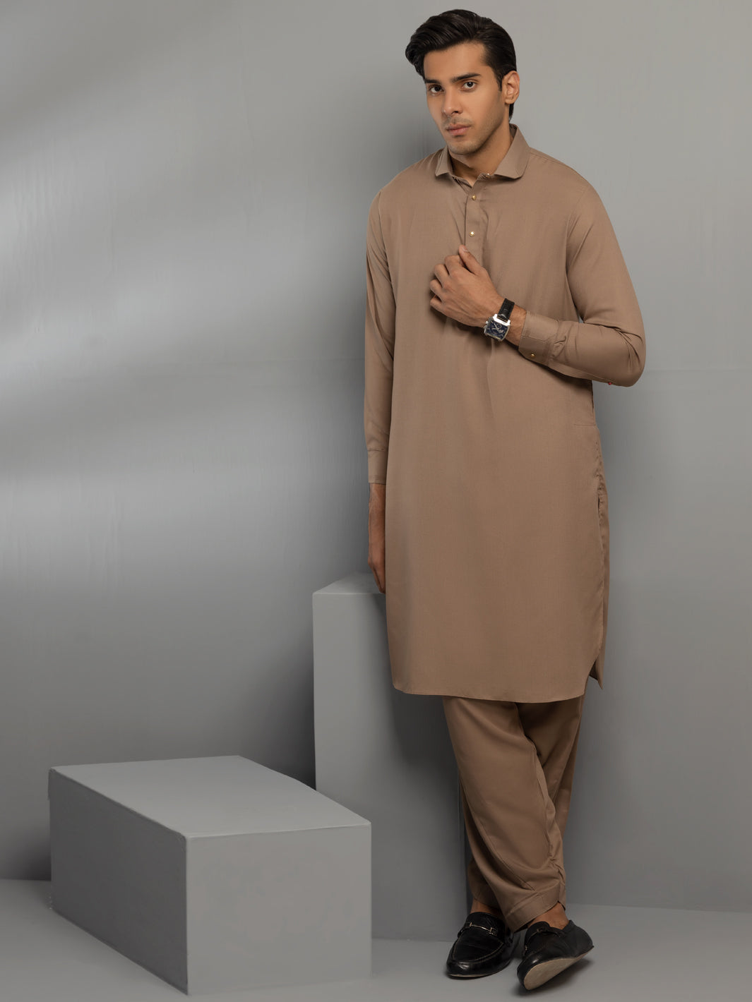 Brown Blended Kameez Shalwar - ALWA-KS-355