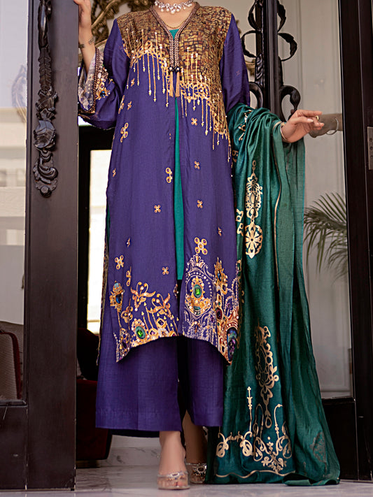 Blue Raw Silk 3 Piece Stitched - AWP-3PS-358