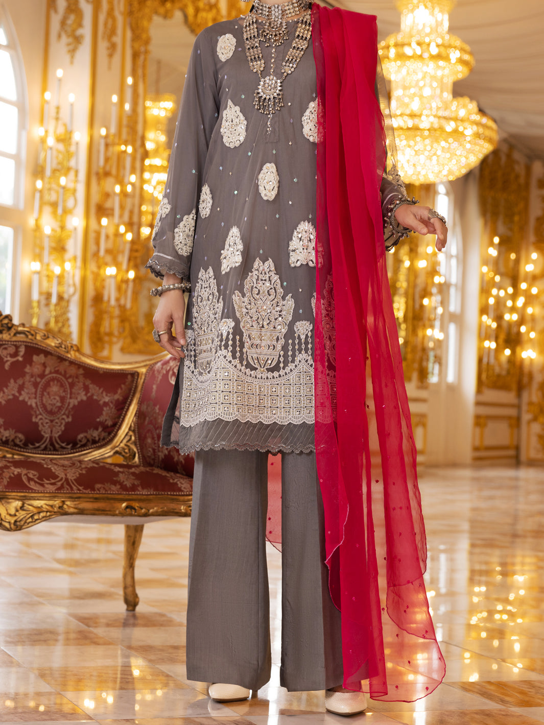 Grey 3Pc Shimmer Net Formal Unstitched - AL-3PS-LS-UN-359