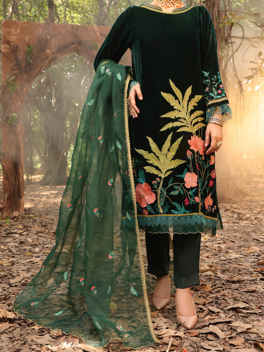 Dark Green Velvet 3Pc Formal Stitched - AL-3PS-LS-389