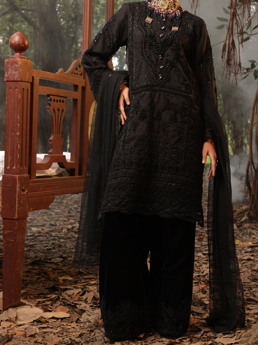 Black Organza 3 Piece Formal Unstitched - AL-3PS-LS-UN-393