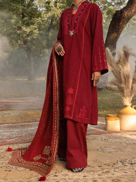 Maroon Dobby Unstitched 3Pc - AWP-3PS-423